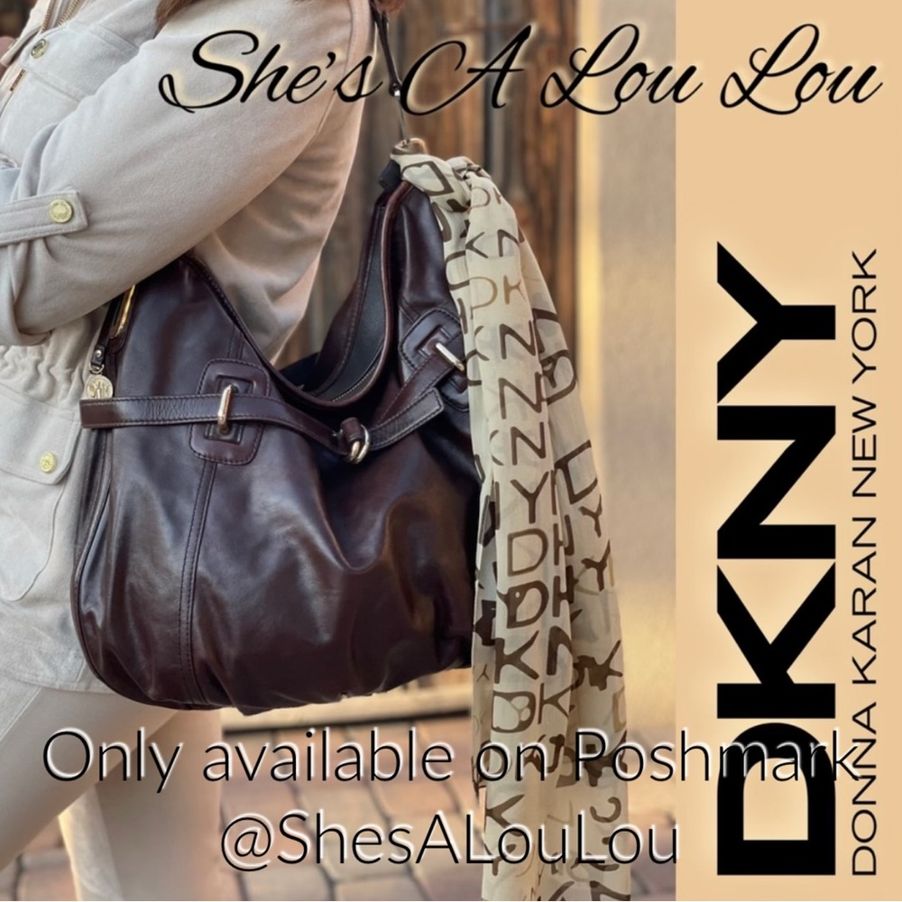 DKNY Chocolate Brown Large Leather Buckle Design Hobo Bag + DKNY Silk Scarf